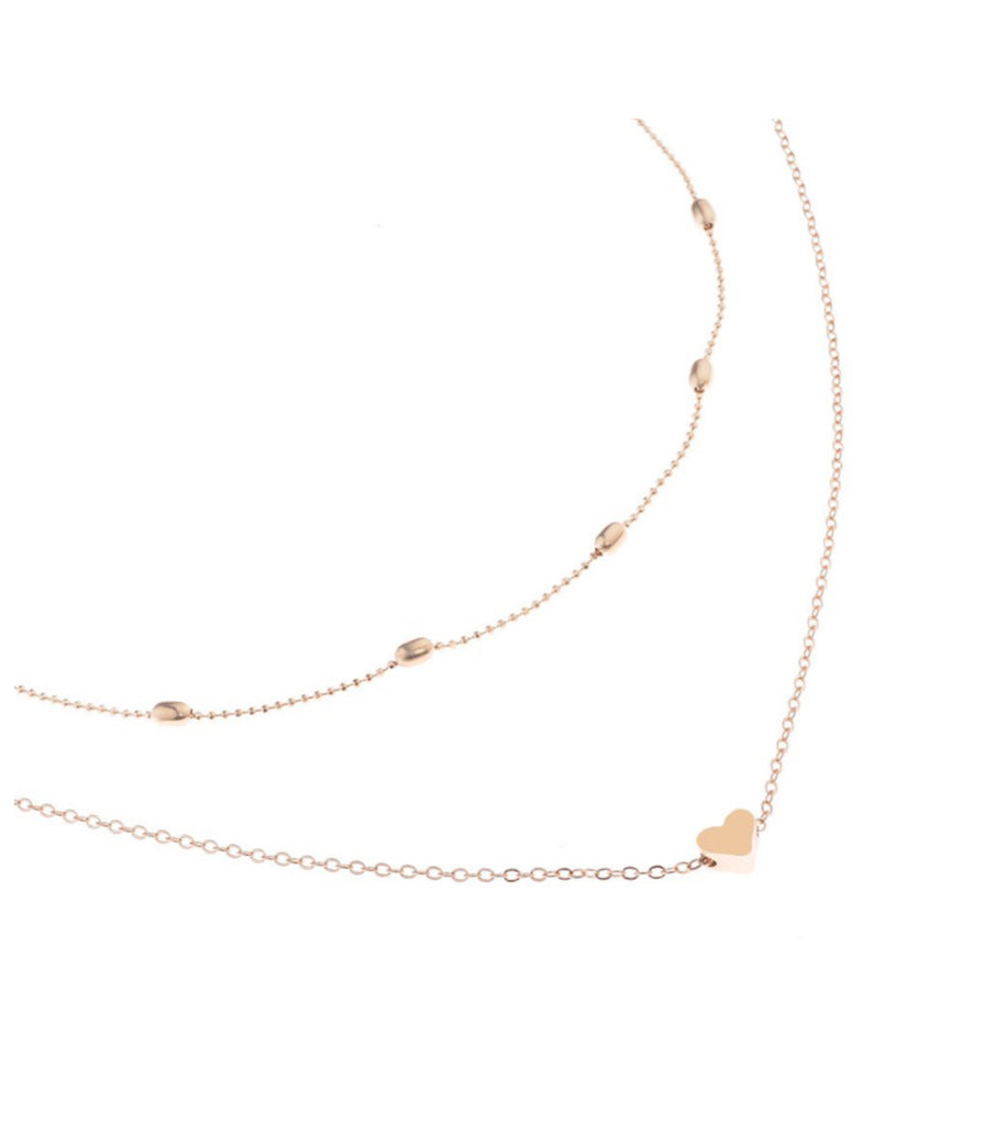 Double Chain Heart Choker Necklace Set, Gold