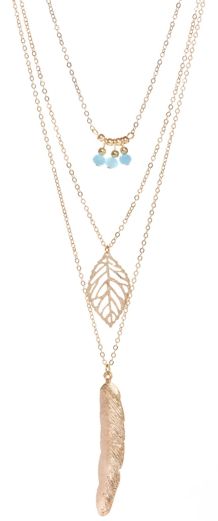 Layered Leaf & Feather Necklace, Gold