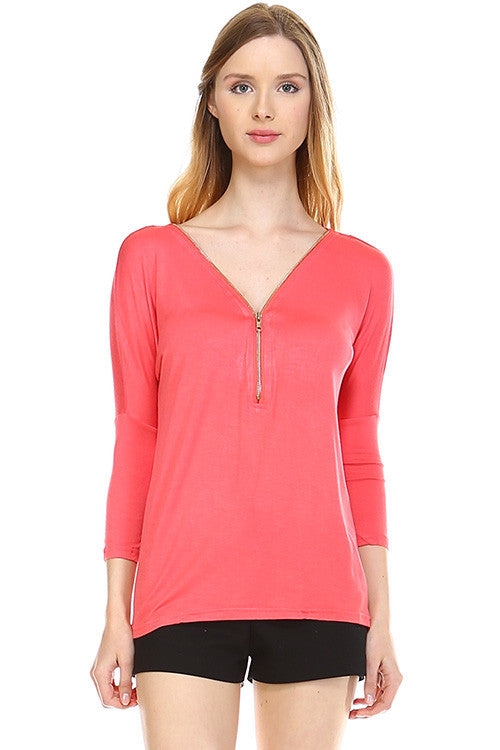Front Zipper Back Lace Top, Coral