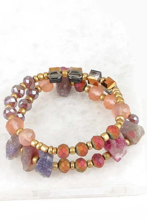 Natural Stone & Crystal Bead Bracelet Set, Pink