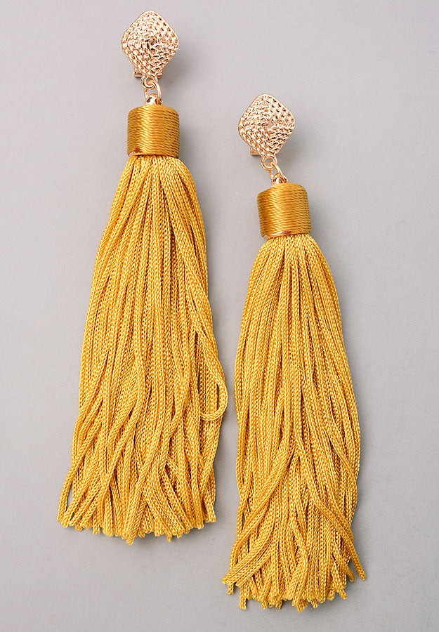 Long Cord Tassel Earrings, Mustard