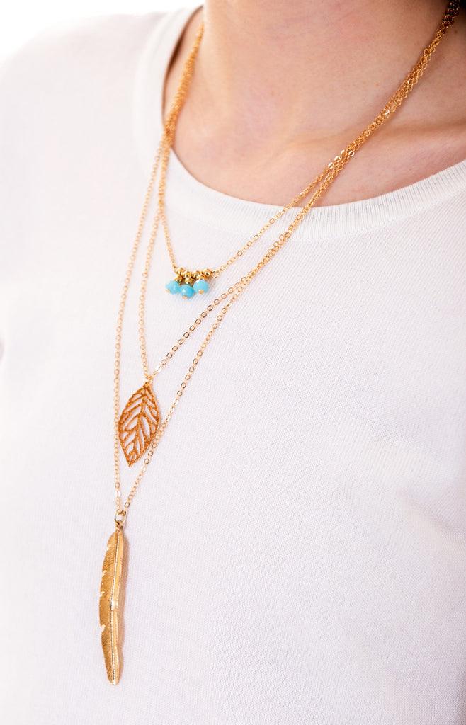 Layered Leaf & Feather Necklace, Gold
