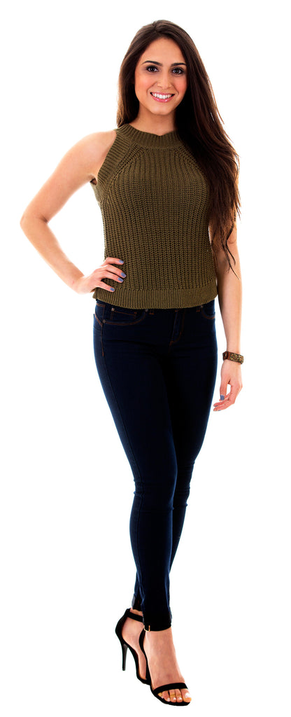 Sleeveless Open Knit Top, Olive
