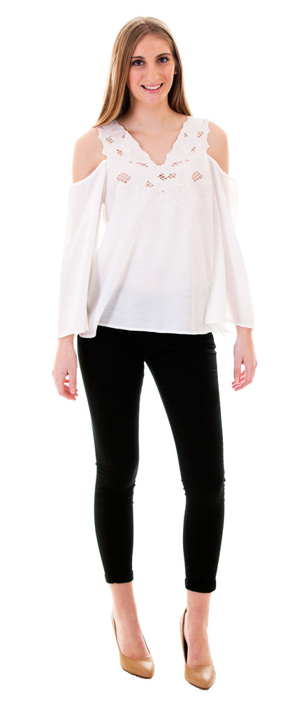 Cold Shoulder Top With Embroidery, Off White