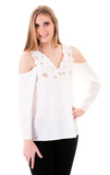 Cold Shoulder Top With Embroidery, Off White