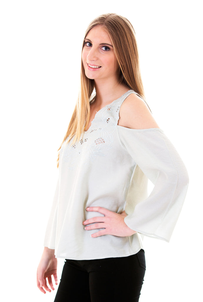 Cold Shoulder Top With Embroidery, Dusty Mint