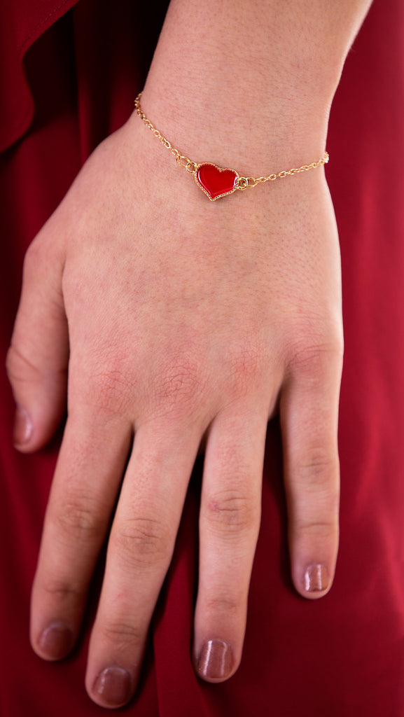 Delicate Gold Heart Bracelet, Red