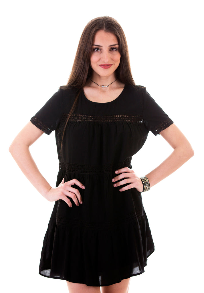 Short Sleeve Ruched Lace Swing Dress, Black