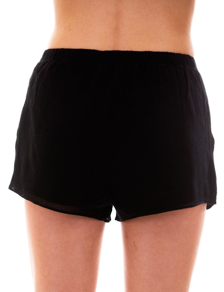 Linen Shorts With Embroidered Lace Detail, Black