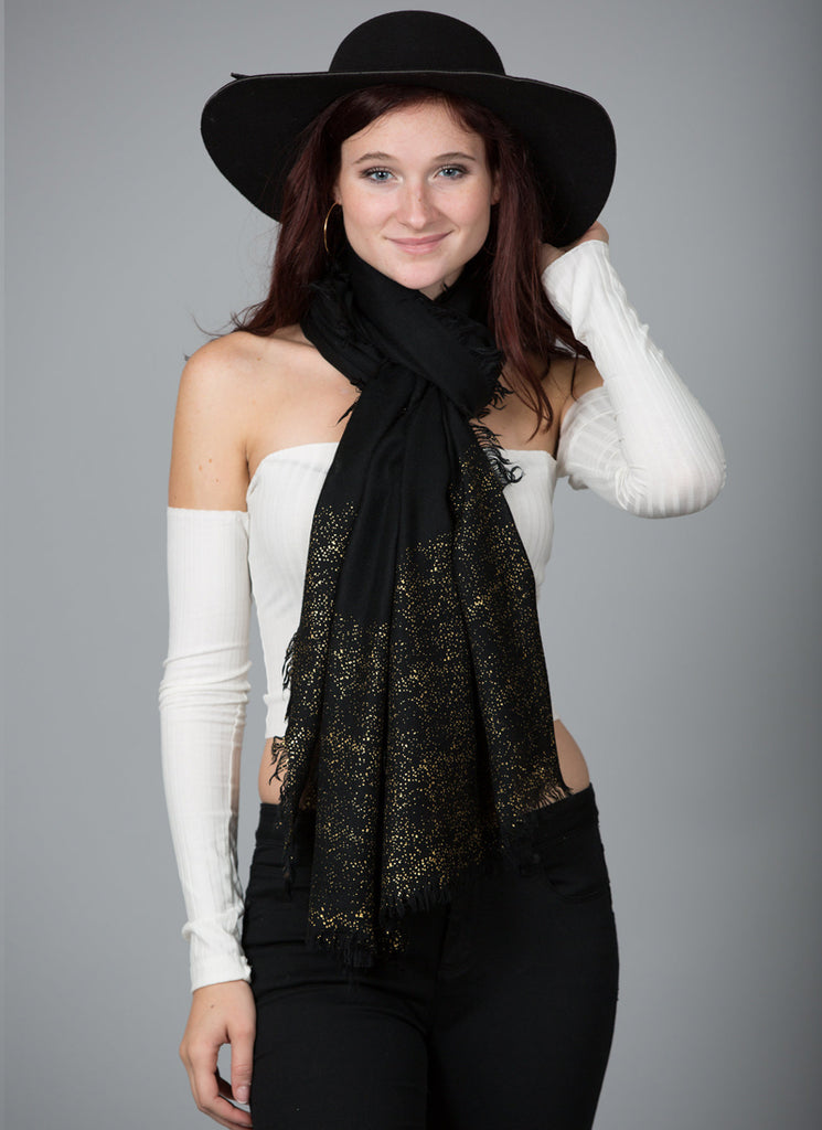 Luxe Gold-foil Scarf With Fringe, Black