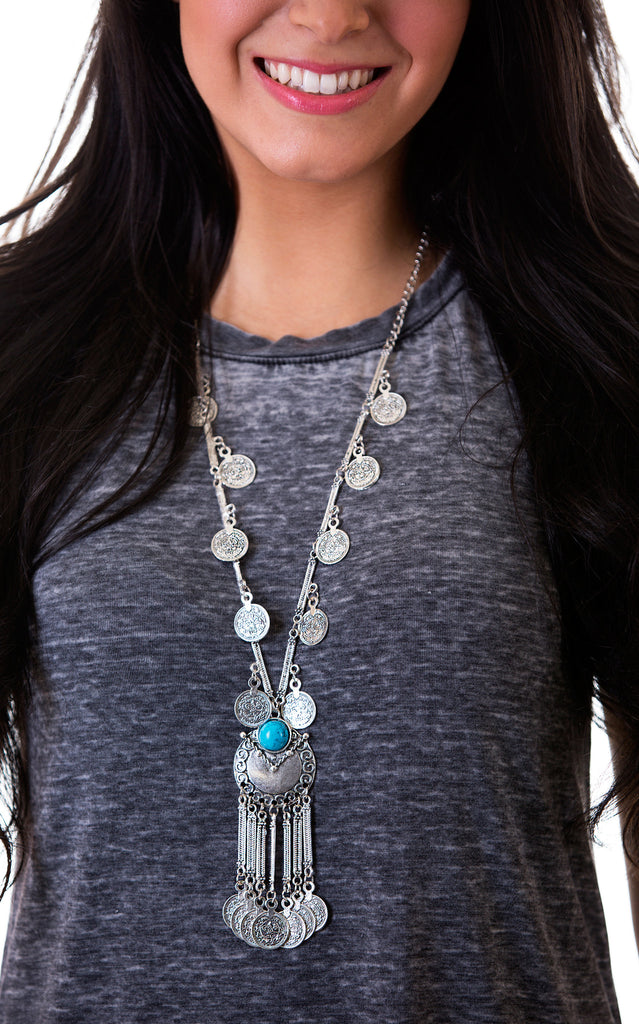 Bohemian Gypsy Coin Charm Necklace, Blue