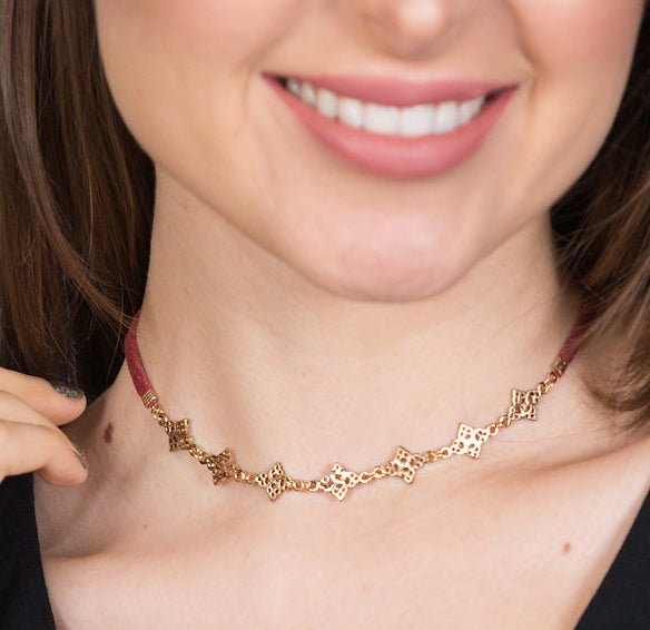 Filigree Diamonds Choker Necklace, Gold/Red