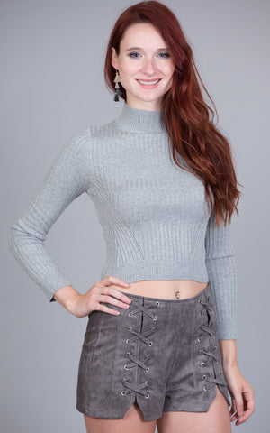 Crew Neck Cable Knit Sweater, Heather Grey