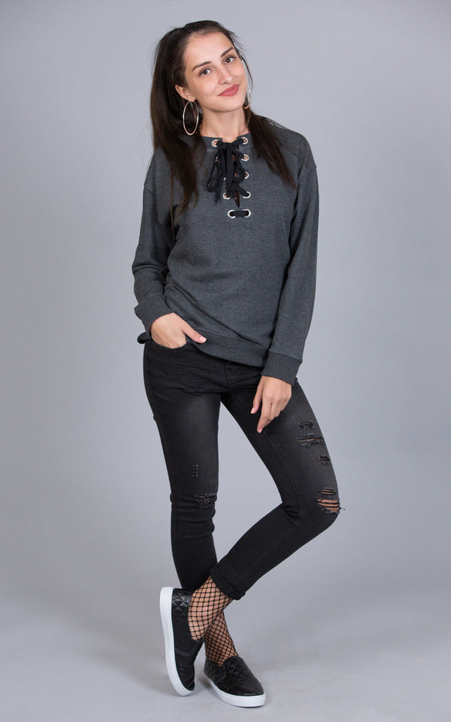 Lace Up Front French Terry Top, Charcoal Grey