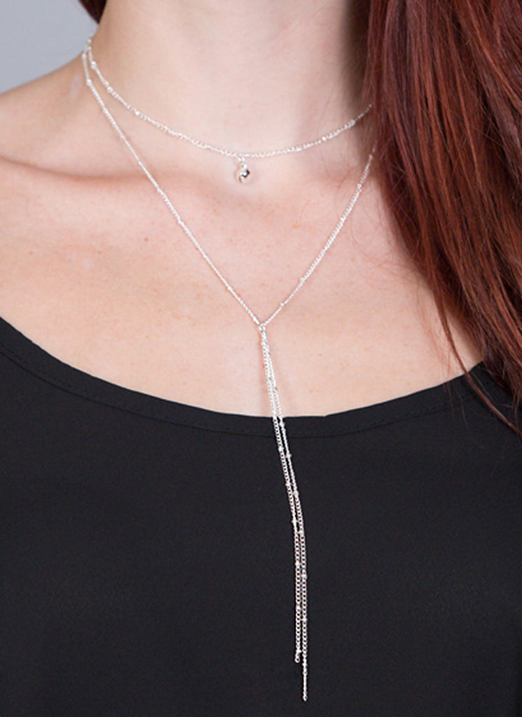 Beaded Chain Choker Y Necklace, Silver