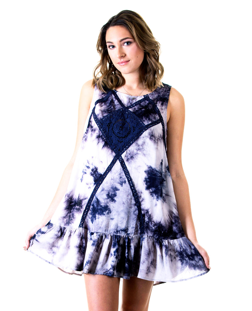 Tie Dye Dress with Lace Details, Navy