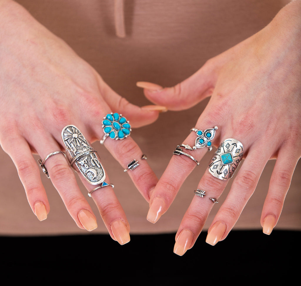Turquoise and Silver 9 Piece Ring Set