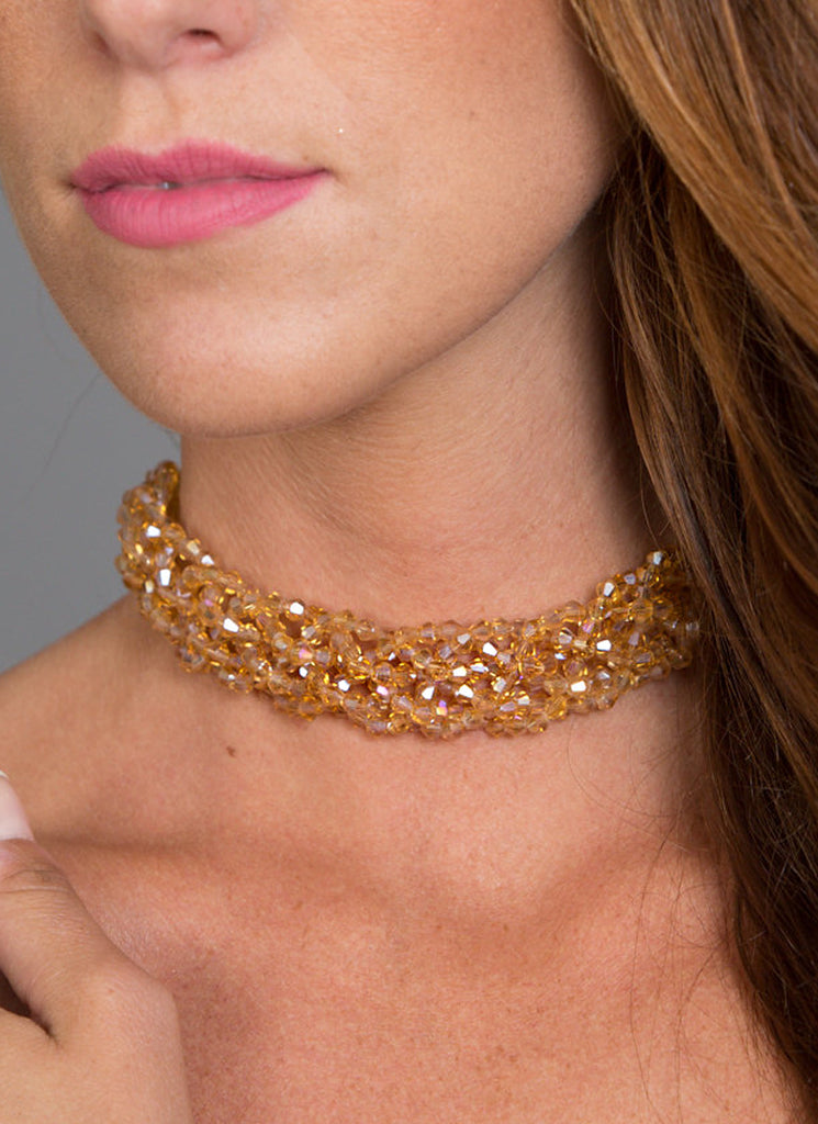 Crystal Bead Clustered Choker, Gold