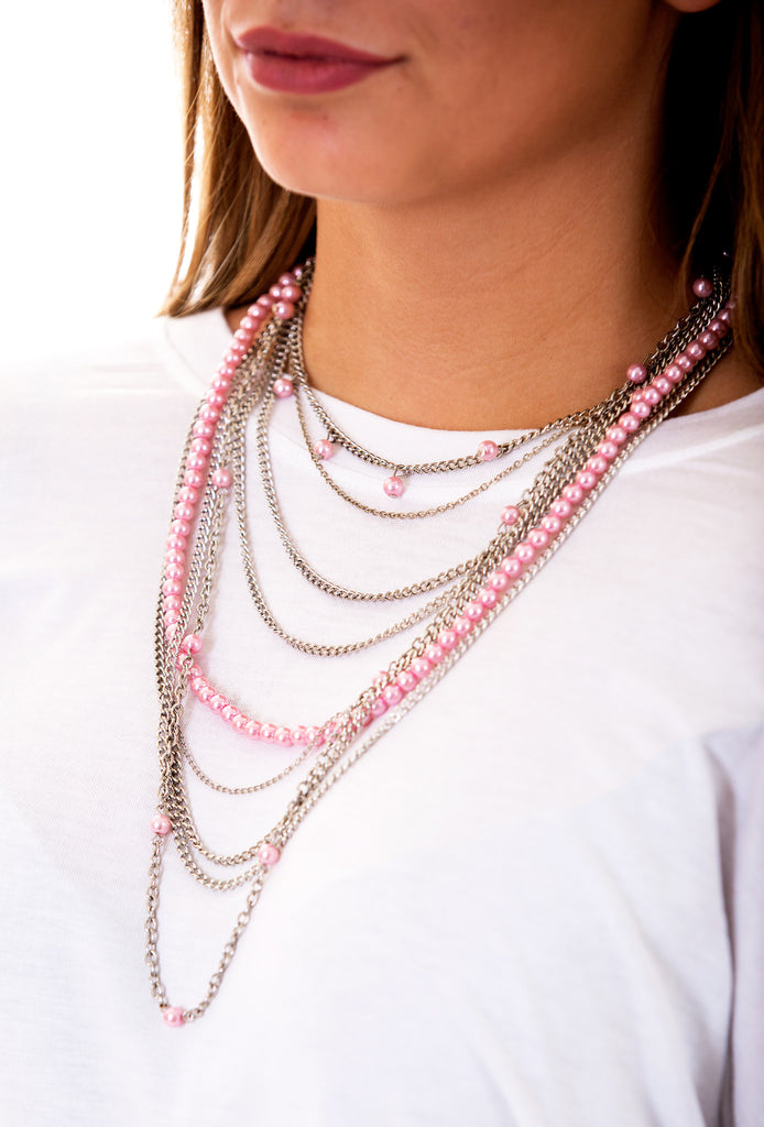 Nine Line Faux Pearl Necklace, Pink