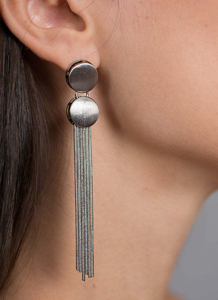 Button Fringe Dangle Earrings, Silver