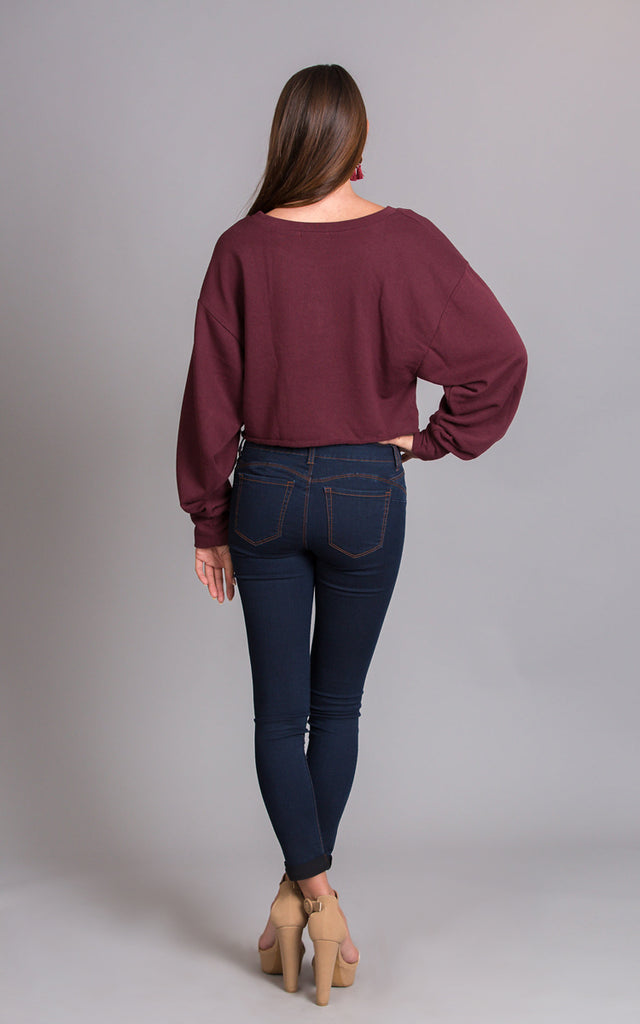 Raw-Edge French Terry Top, Dark Berry