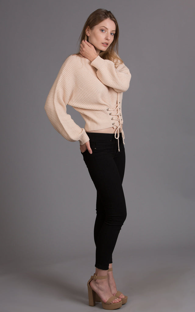 Waist Front Lace Up Sweater, Oatmeal