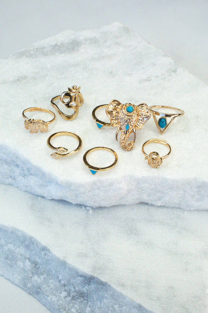 Elephant 8 Piece Turquoise Ring Set, Gold
