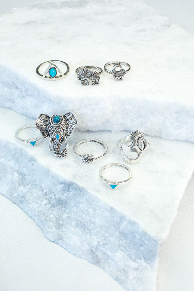 Elephant 8 Piece Turquoise Ring Set, Silver