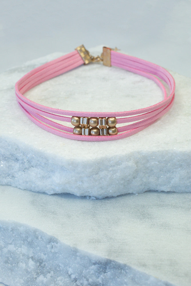 Multi Strand Faux Suede Choker, Pink