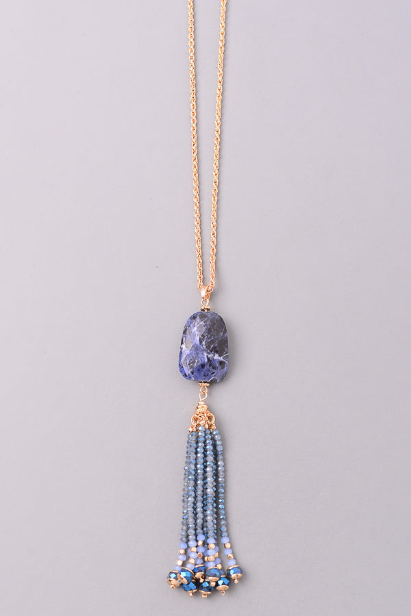 Natural Stone & Tassel Necklace, Blue