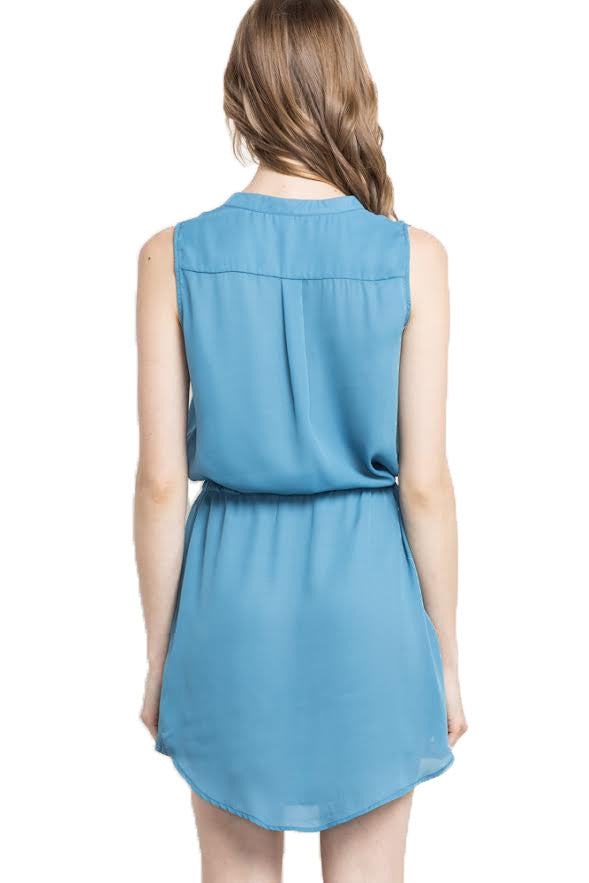 Sleeveless Drawstring Shirt Dress, Pale Blue