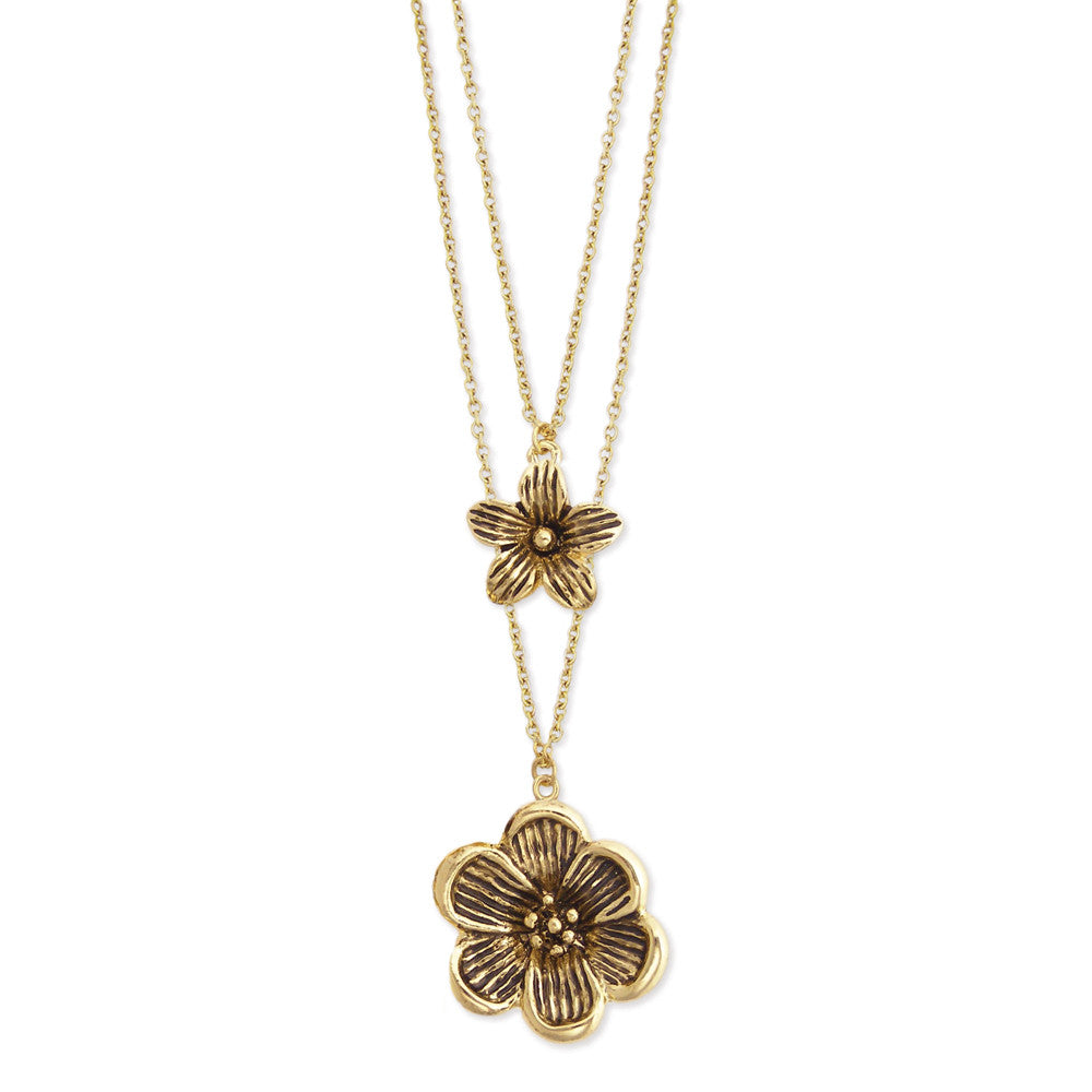 2 Line Gold Flower Charm Necklace