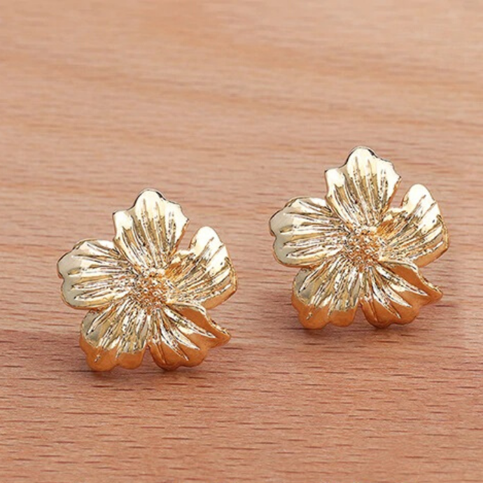 Vibrant Flower Earrings, Gold Hibiscus