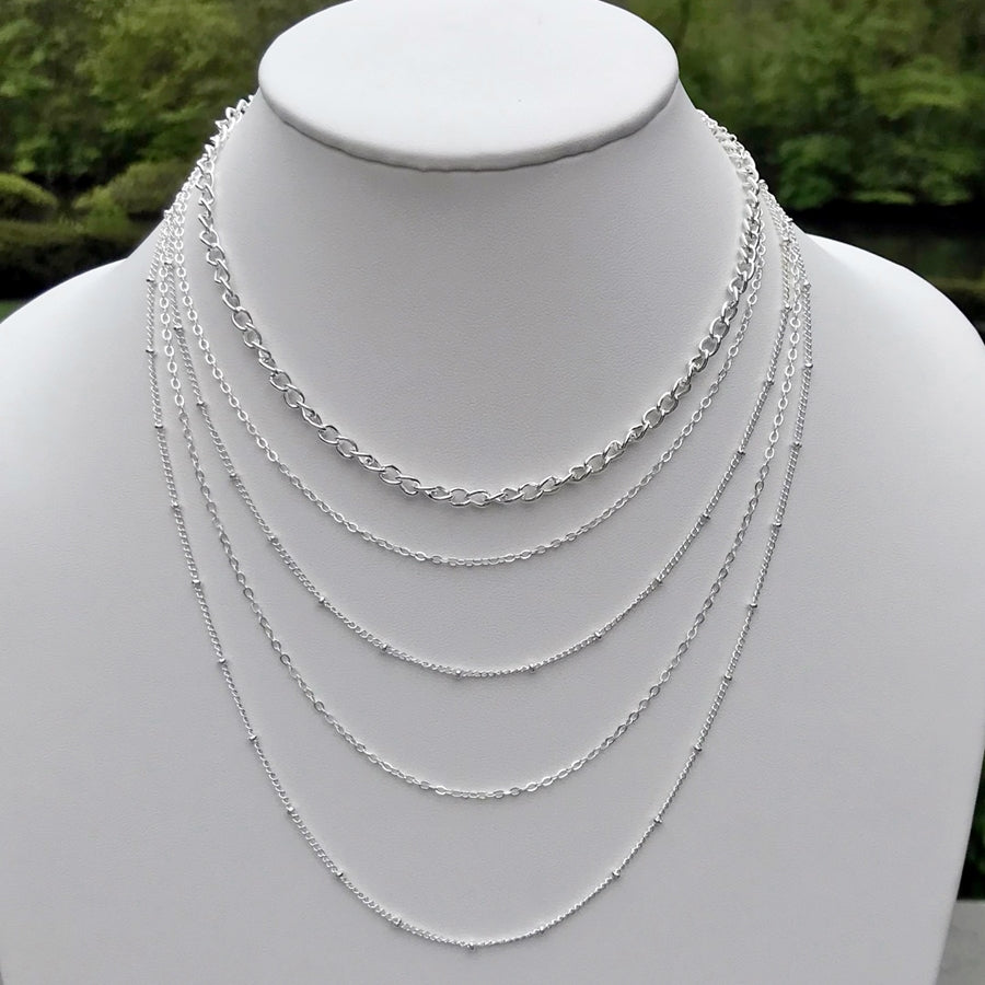 Five Chain Long Layered Necklace, Silver
