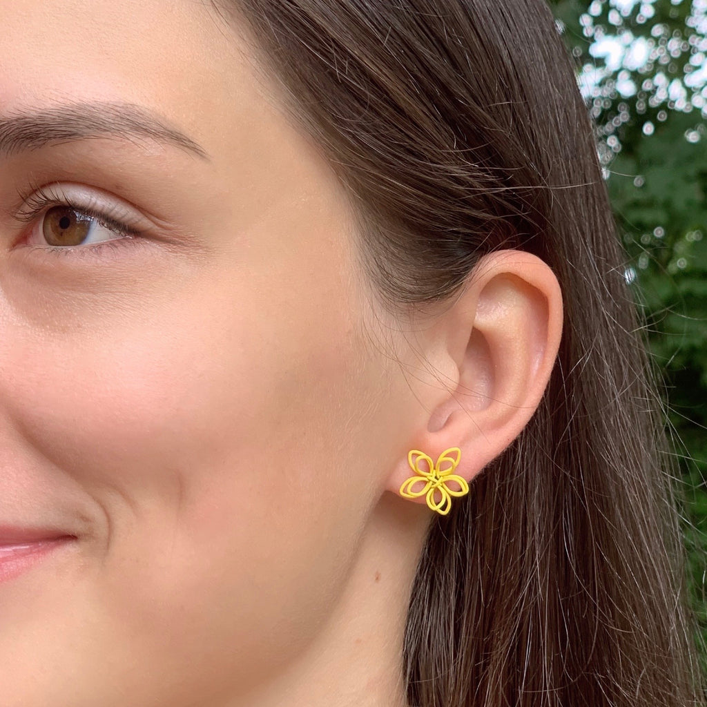 Colorful Wire Sculpted Flower Earrings, Yellow