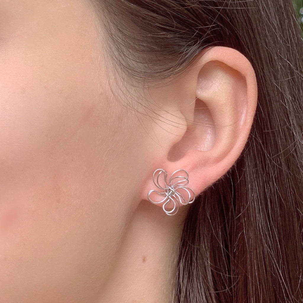 Wire Sculpted Flower Earrings, Silver Swirl