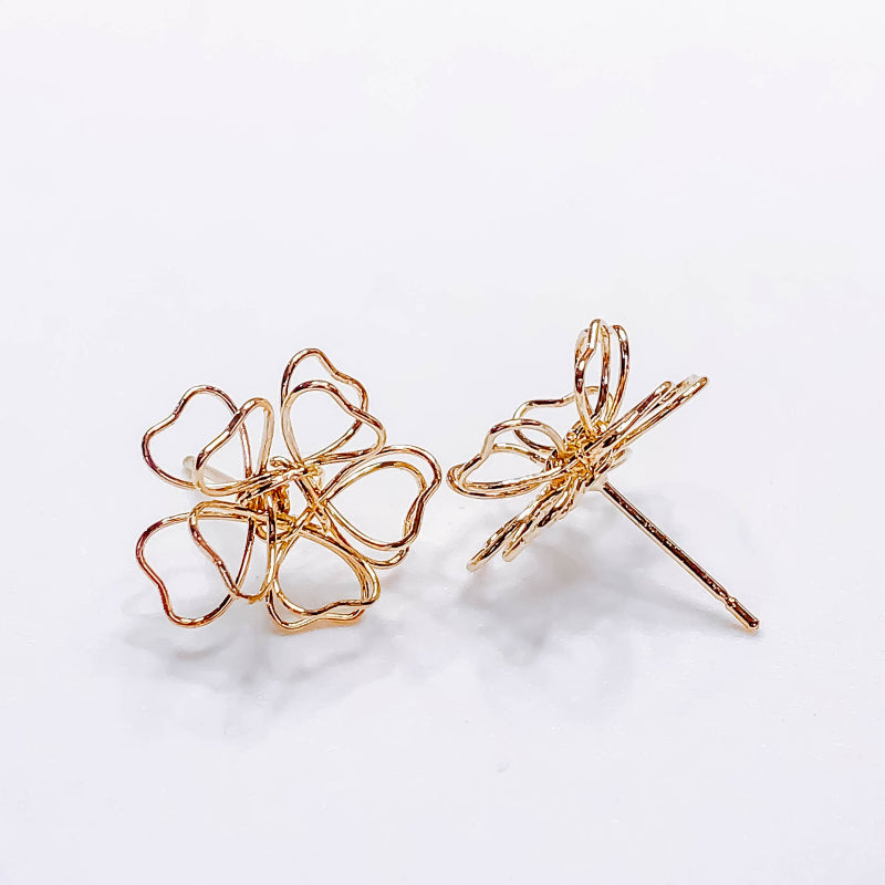 Wire Sculpted Flower Earrings, Gold Heart