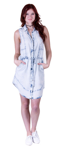 Sleeveless Button Up Plaid Shirt Dress, Aqua