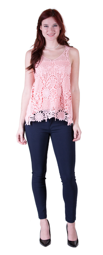Sleeveless Crochet Lace Double Layer Top, Peach