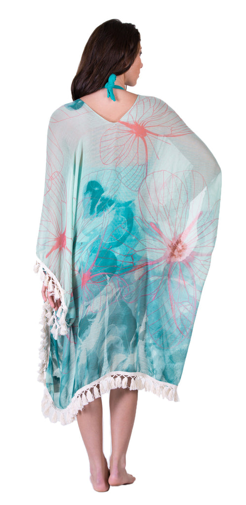 Sheer Poncho Scarf, Aqua Floral Print