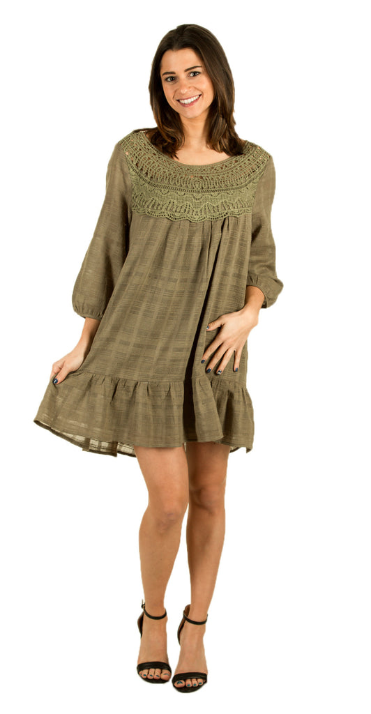 Long Sleeve Crochet Lace Dress, Olive