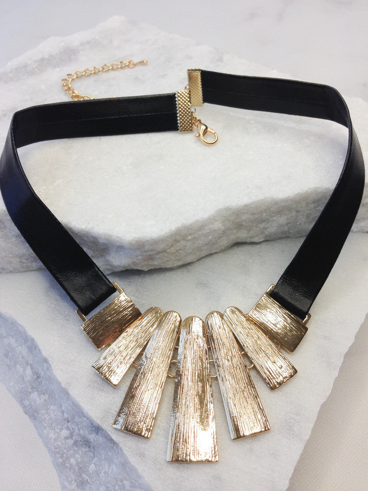 Gold Etched Metal Faux Leather Choker Necklace