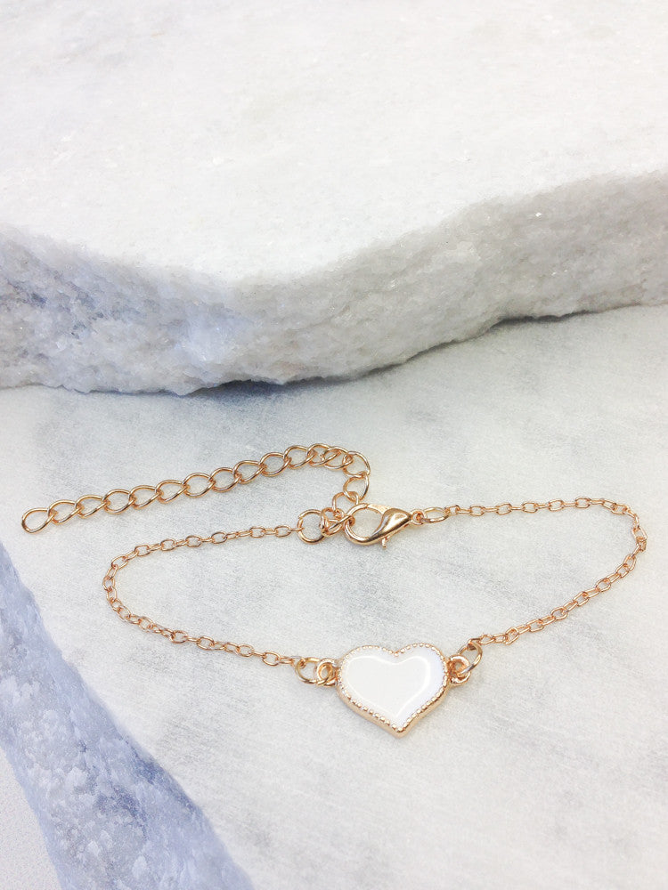 Delicate Gold Heart Bracelet, White