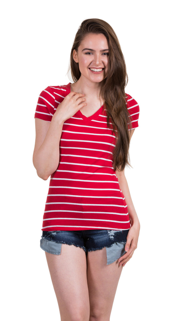 Short Sleeve Striped V-Neck Top, Red/White