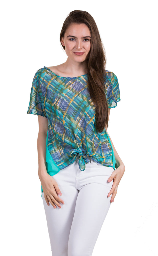 Checker Print Top With Tied Hem, Mint