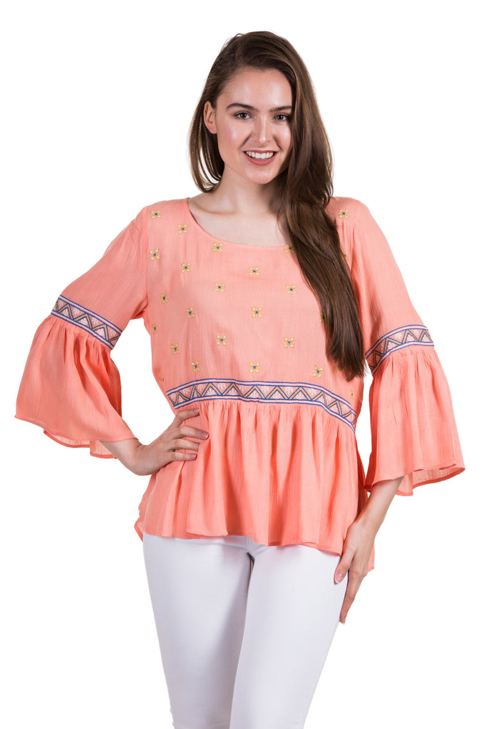 Bell Sleeve Embroidery Detail Blouse, Peach