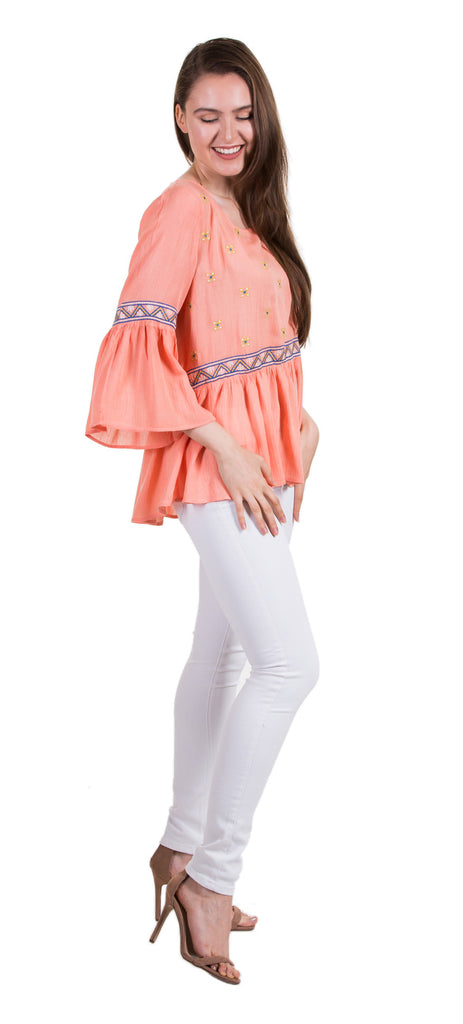 Bell Sleeve Embroidery Detail Blouse, Peach
