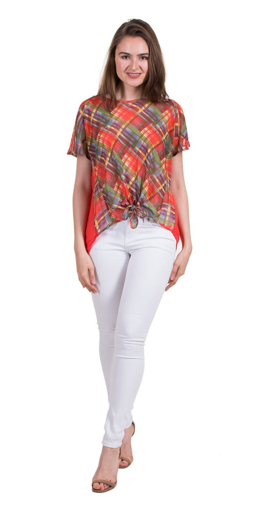 Checker Print Top With Tied Hem, Coral