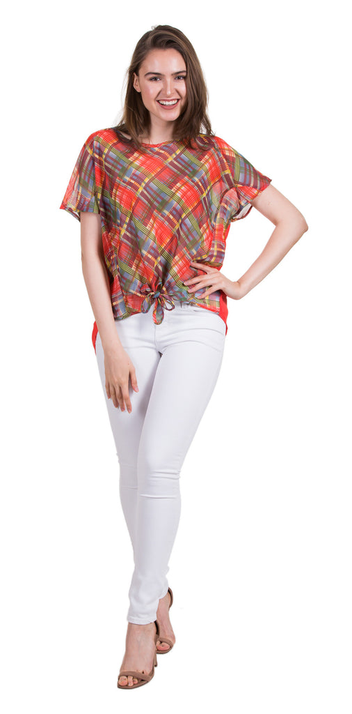 Checker Print Top With Tied Hem, Coral