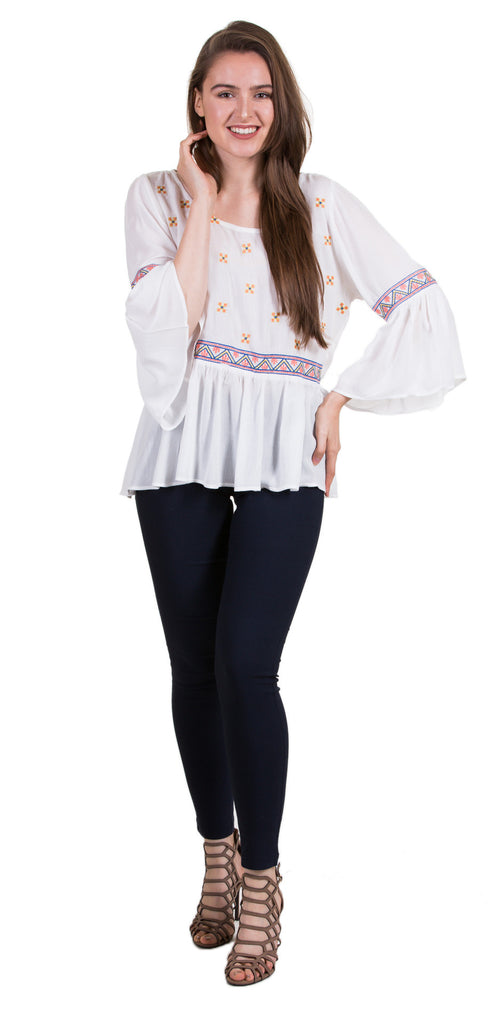 Bell Sleeve Embroidery Detail Blouse, White